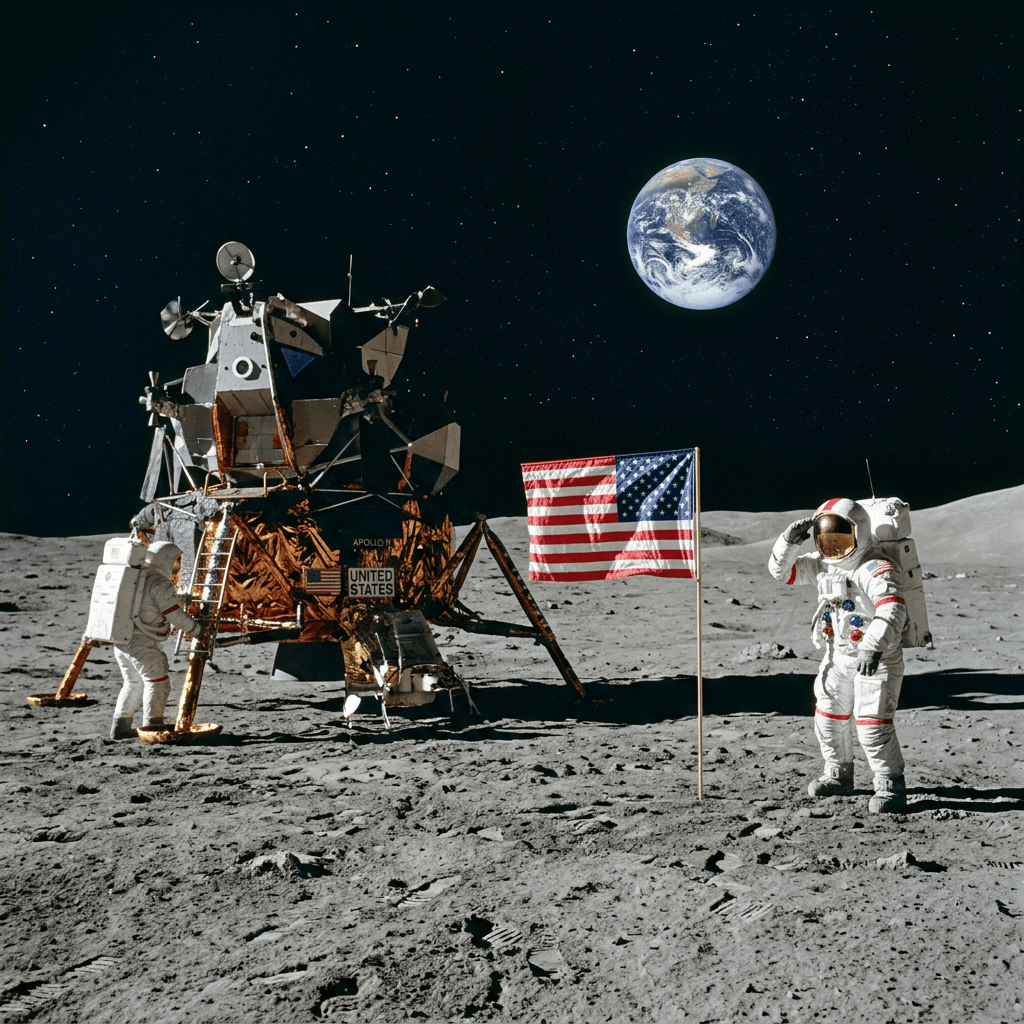 Two astronauts in space suits near Apollo 11 lunar module and American flag on the Moon with Earth visible in the background